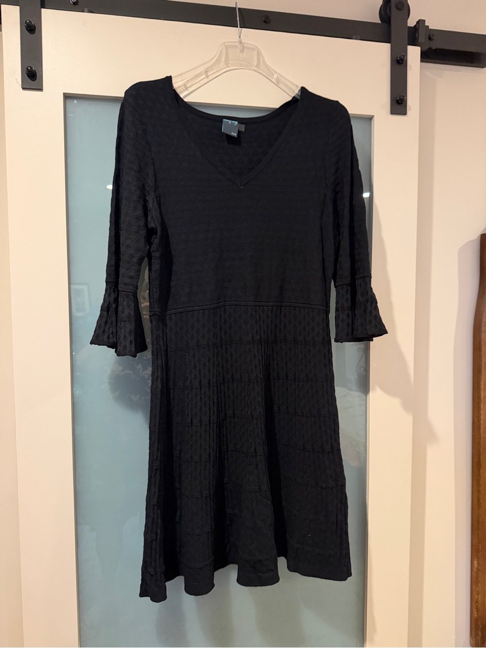 Women's Black V-Neck Textured A-Line Dress